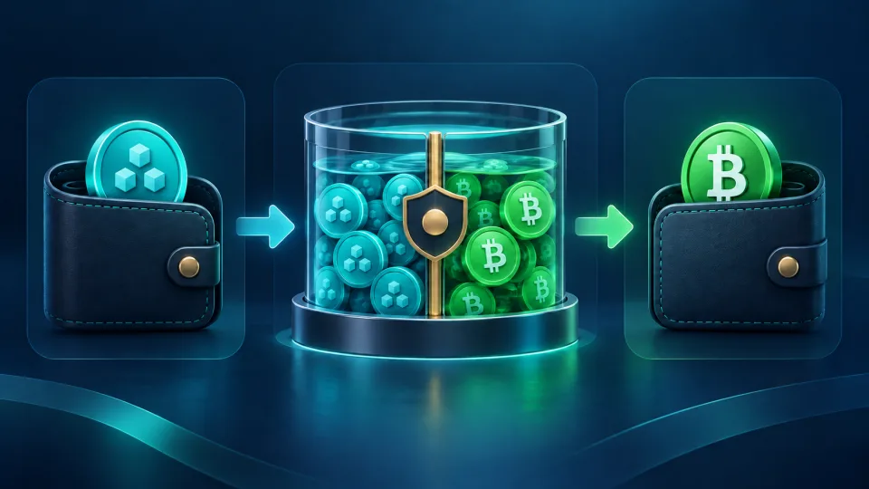 Conditional flow showing LinkCash CashTokens passing through a liquid pool before BCH can be received